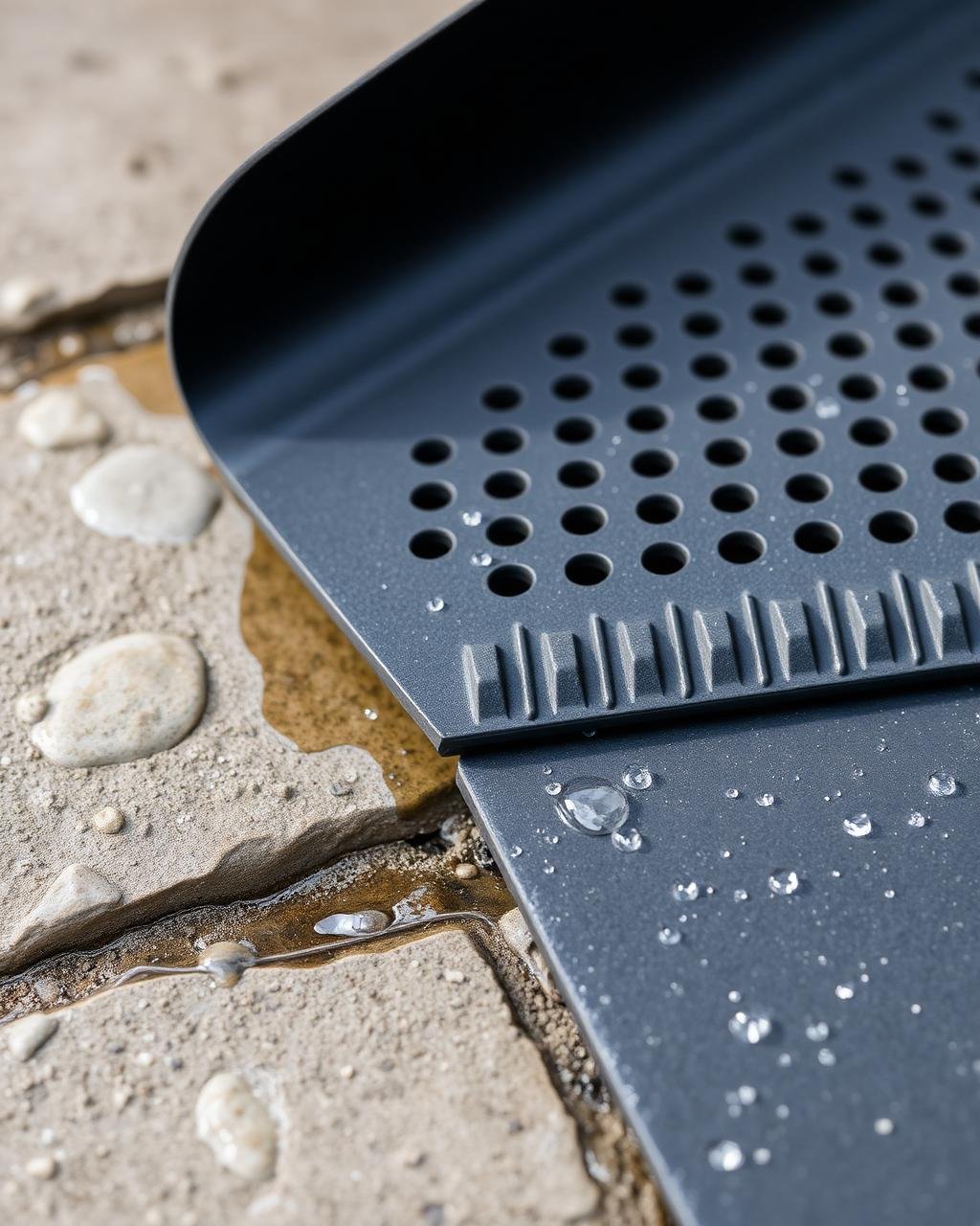 Macro of perforated anti-slip ablution matting with drainage holes and water droplets