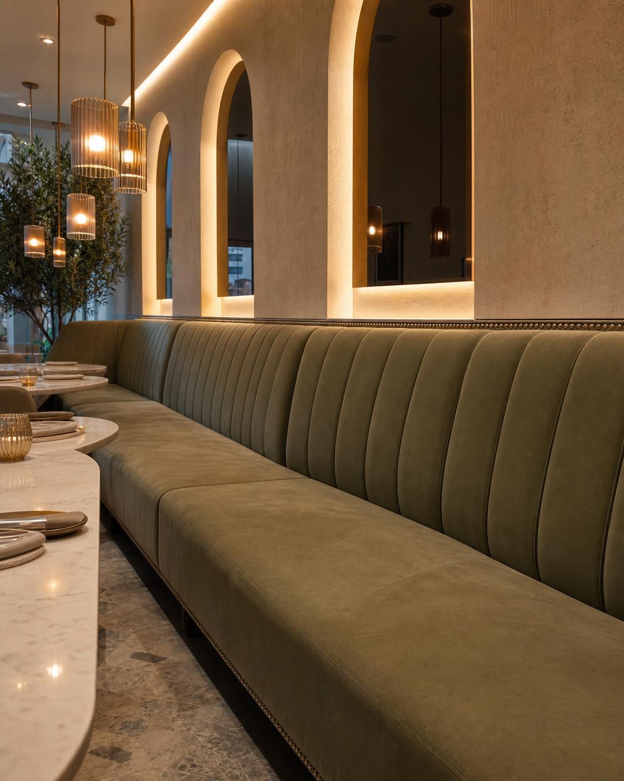 Long built-in banquette upholstered in soft sage velvet in a Dubai dining space