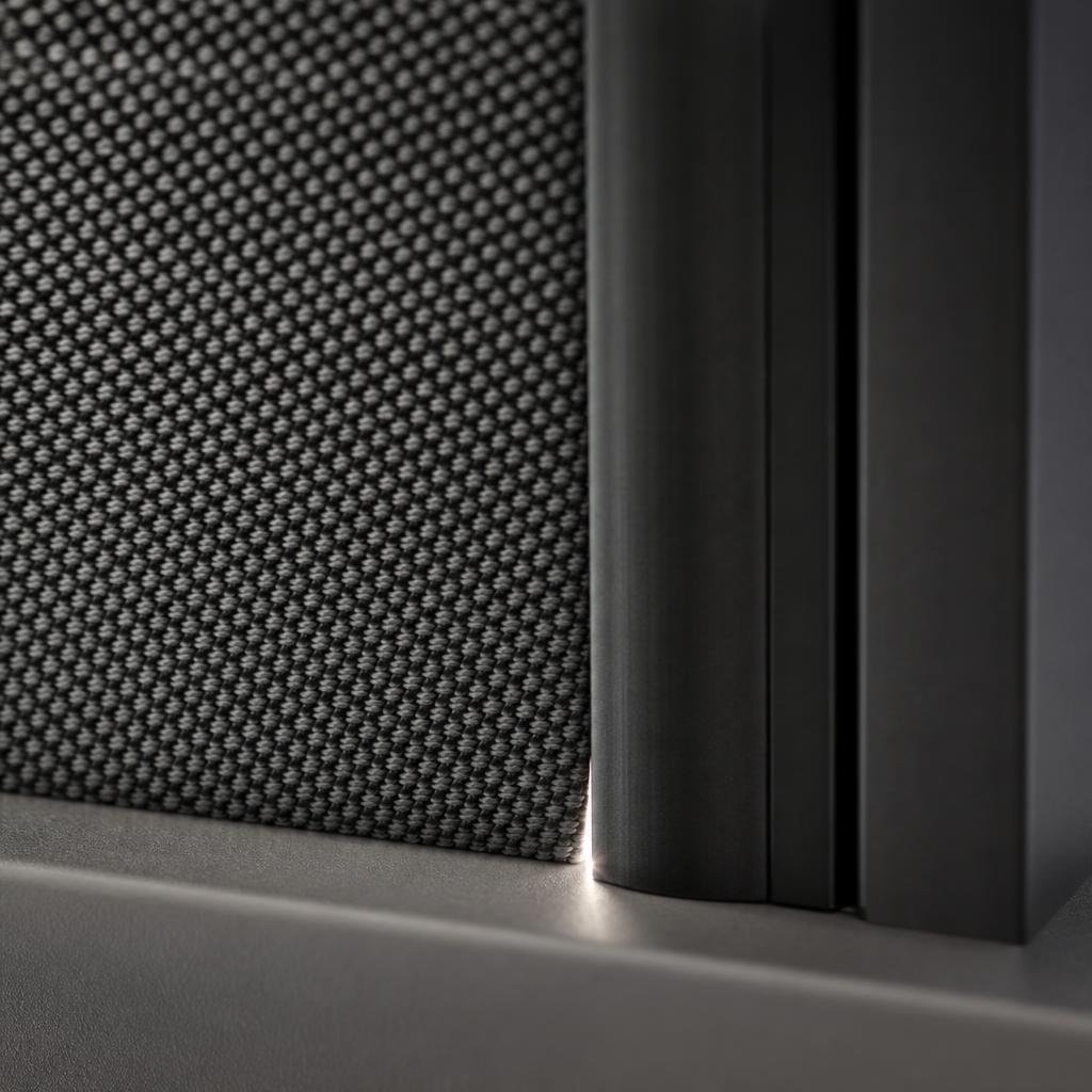 Extreme macro of blackout blind side-channel light seal in matte black aluminium
