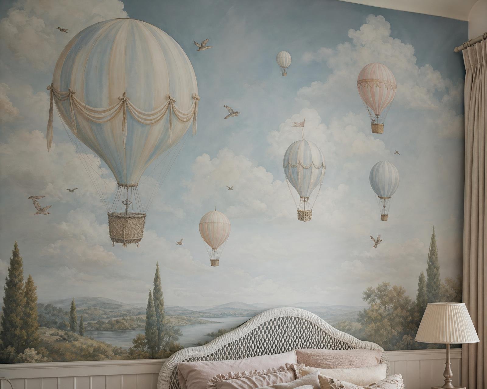 Hand-painted hot-air balloon sky mural wallpaper in a child's bedroom with wicker headboard