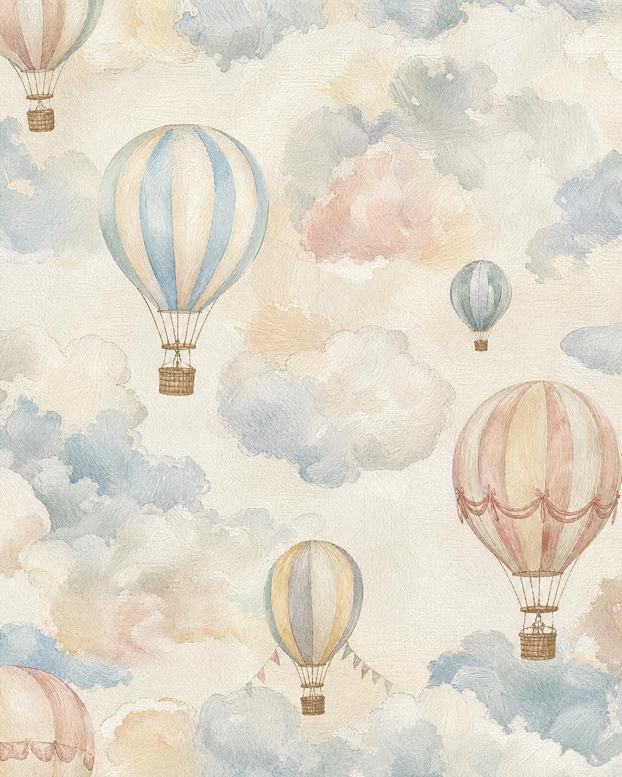 Watercolour pastel hot-air balloons and clouds children's wallpaper detail