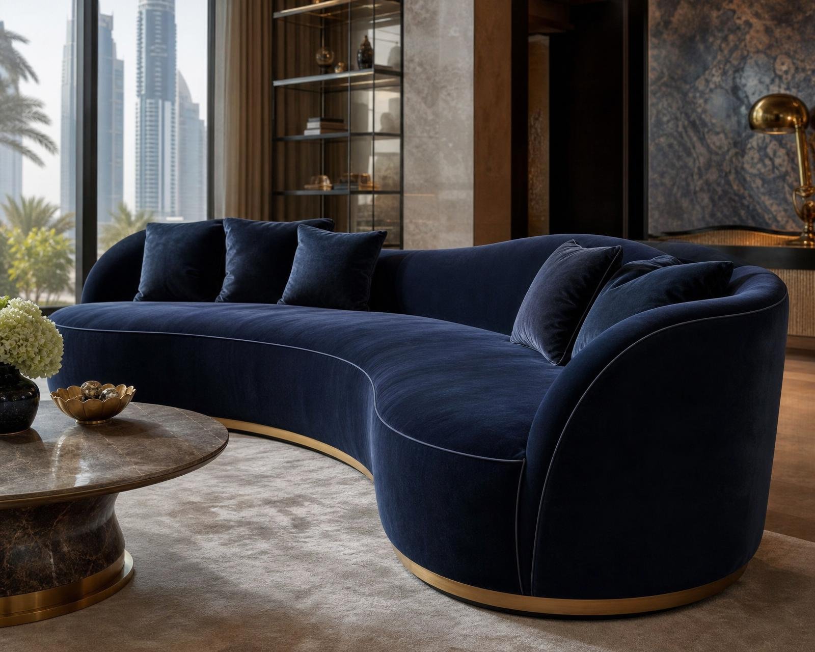 Custom-built curved navy mohair sofa in a Dubai salon