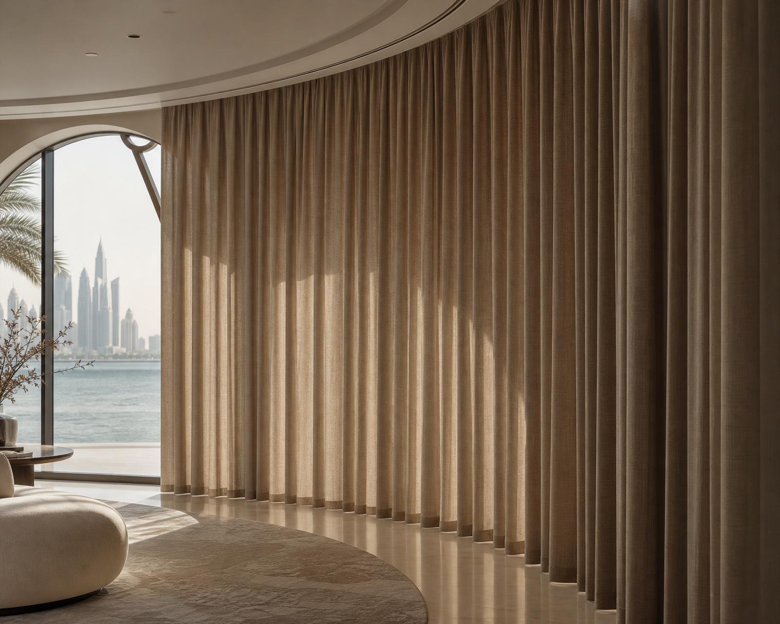 Custom curved bay-window track with bespoke curtain following the architecture