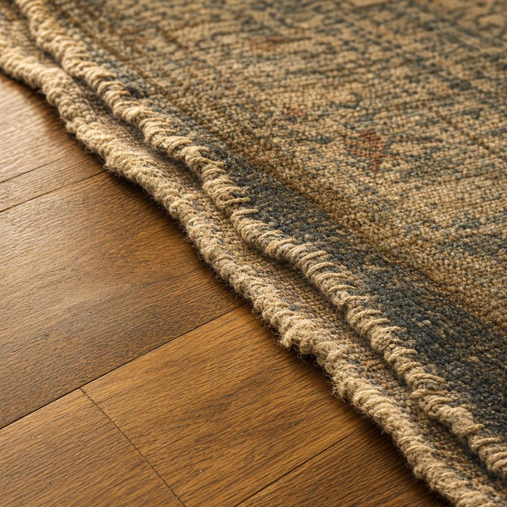Close-up of irregular hand-bound carpet edge meeting a polished oak floor