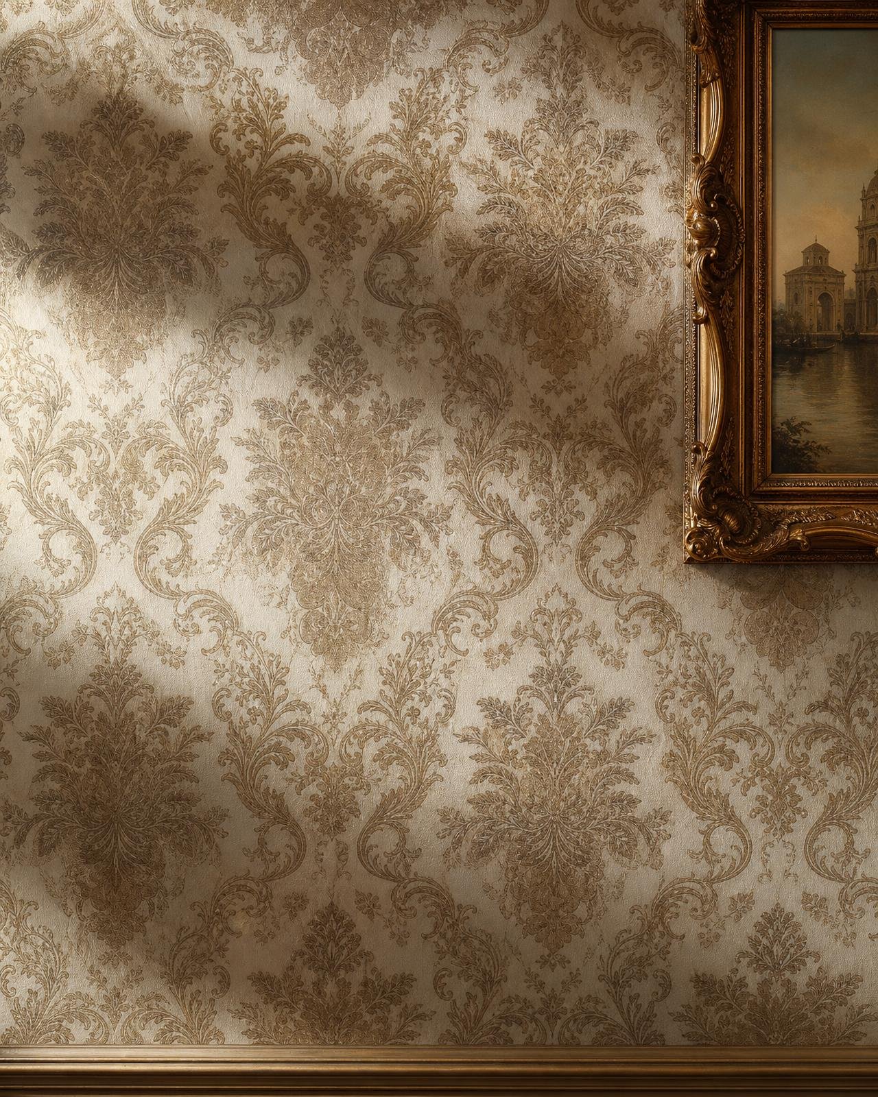 Heritage acanthus damask wallpaper in taupe on ivory in a formal Dubai salon with gilt frame