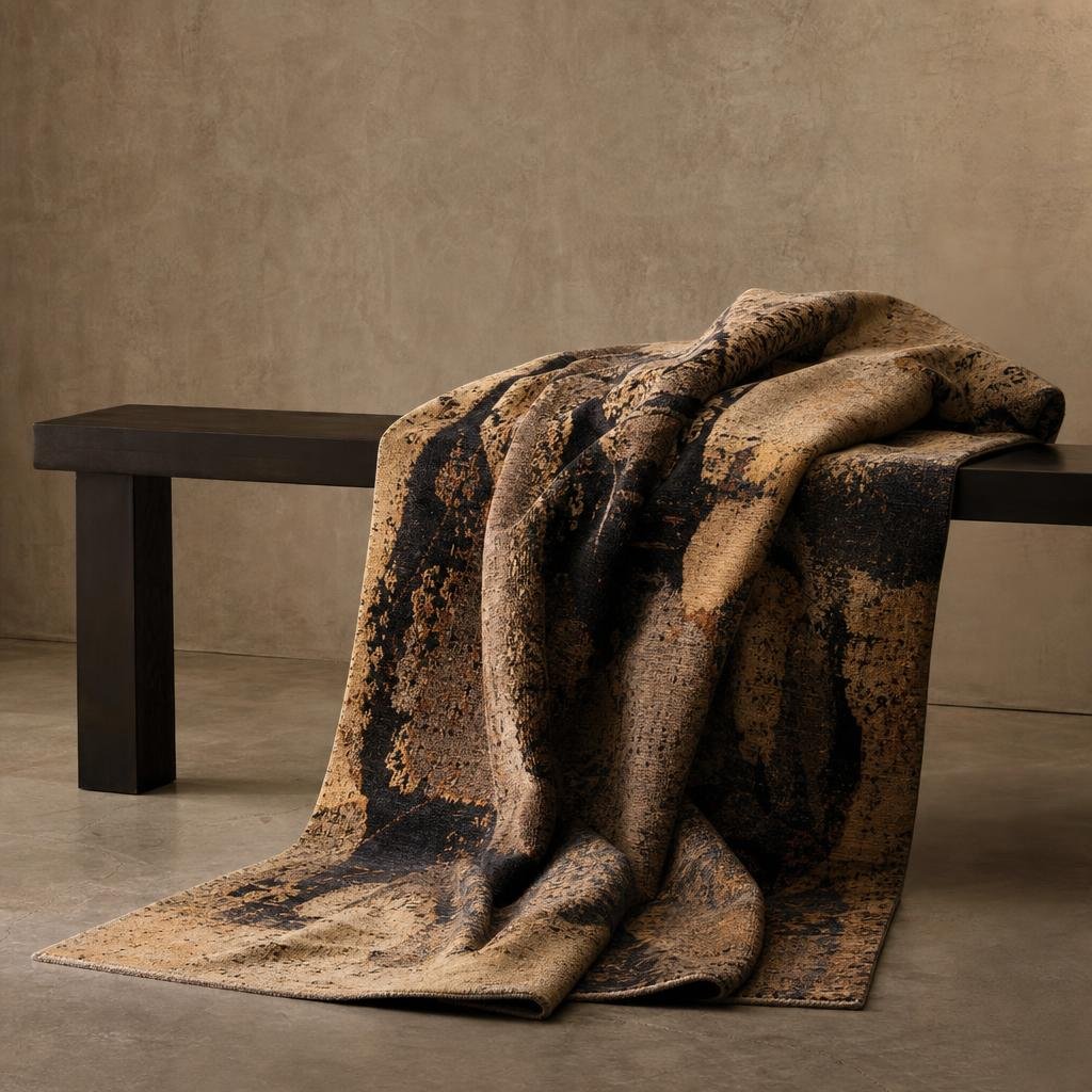 Studio designer-collaboration carpet draped over a blackened steel bench in painterly tones