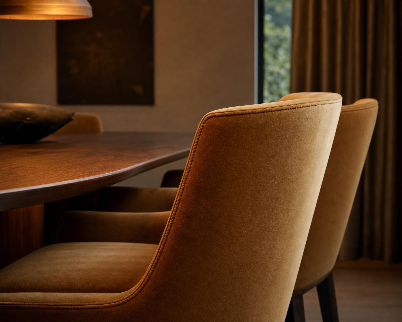 Camel velvet upholstered dining chairs arranged around a walnut dining table