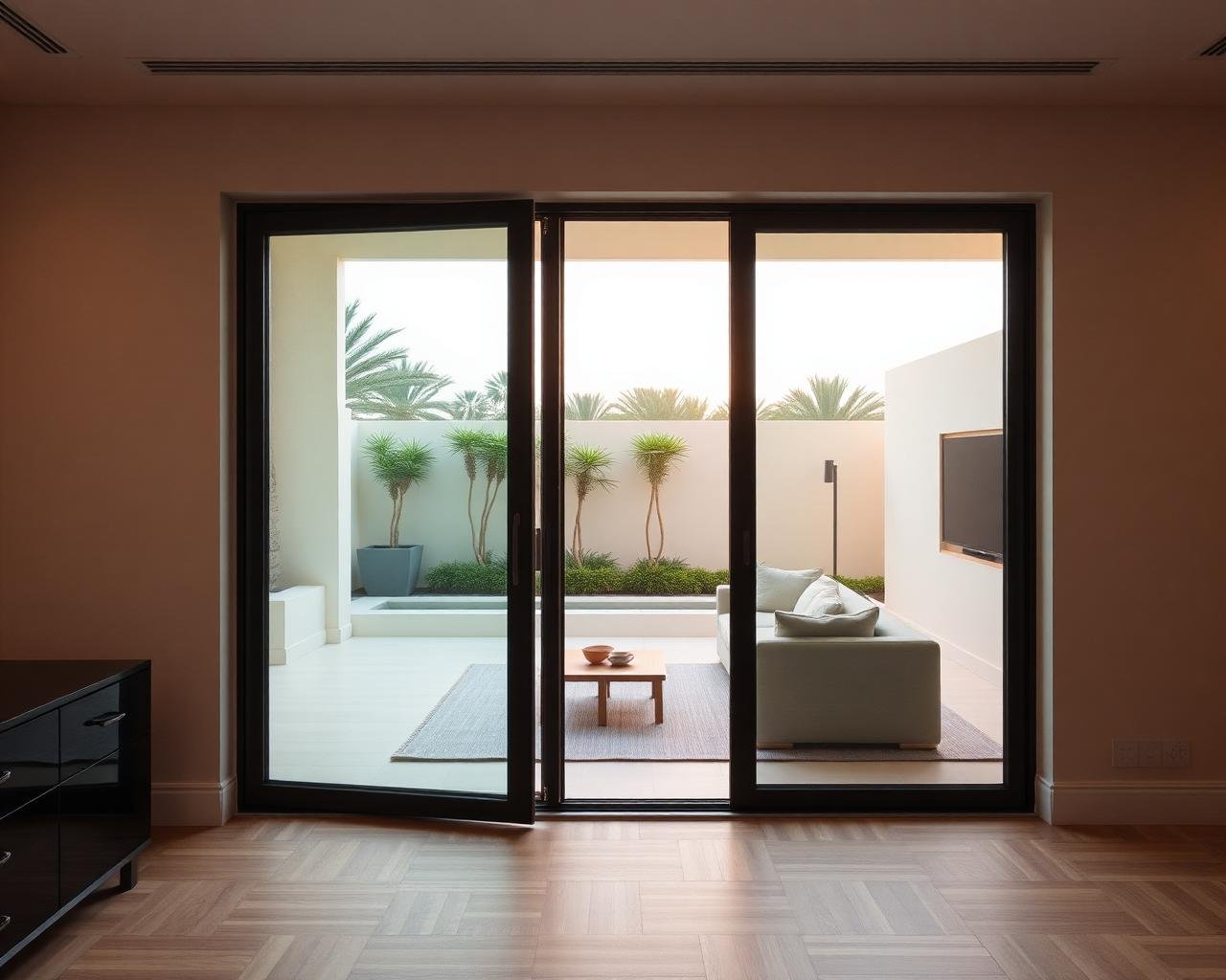 Aluminium-framed folding glass door partially opened between a living room and terrace