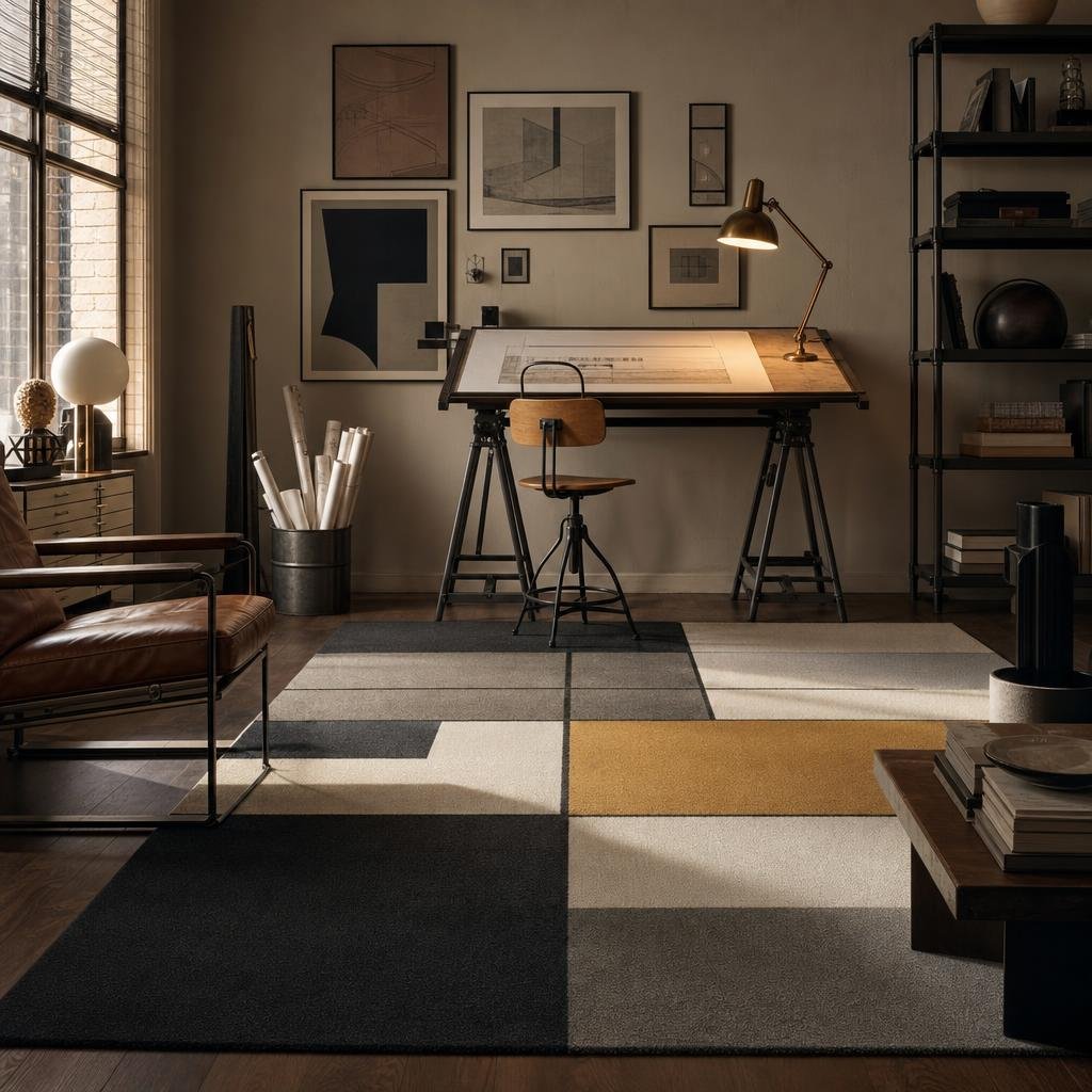 Bauhaus inspired geometric grid carpet in charcoal, ivory and ochre beneath a drafting table