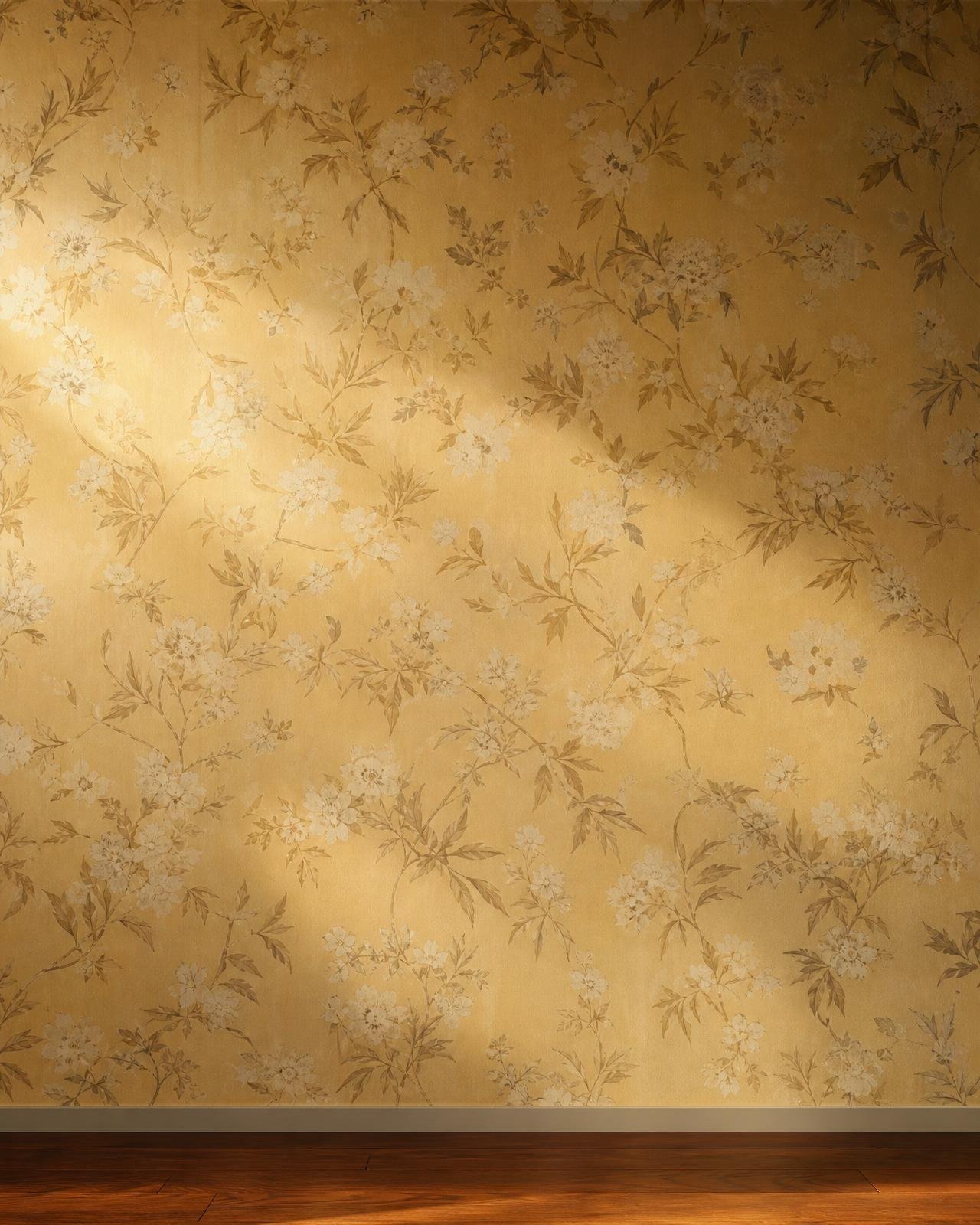 Hand-printed botanical wallpaper in soft ochre across a luxury Dubai living room wall