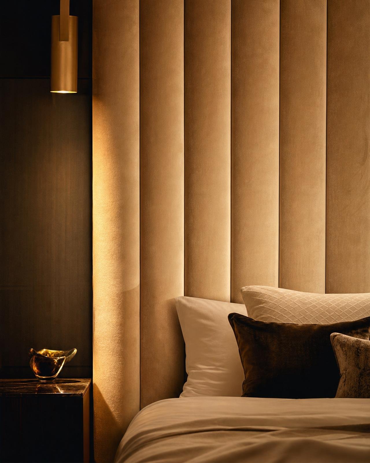 Wall-mounted champagne velvet channel-tufted headboard in a Dubai master bedroom