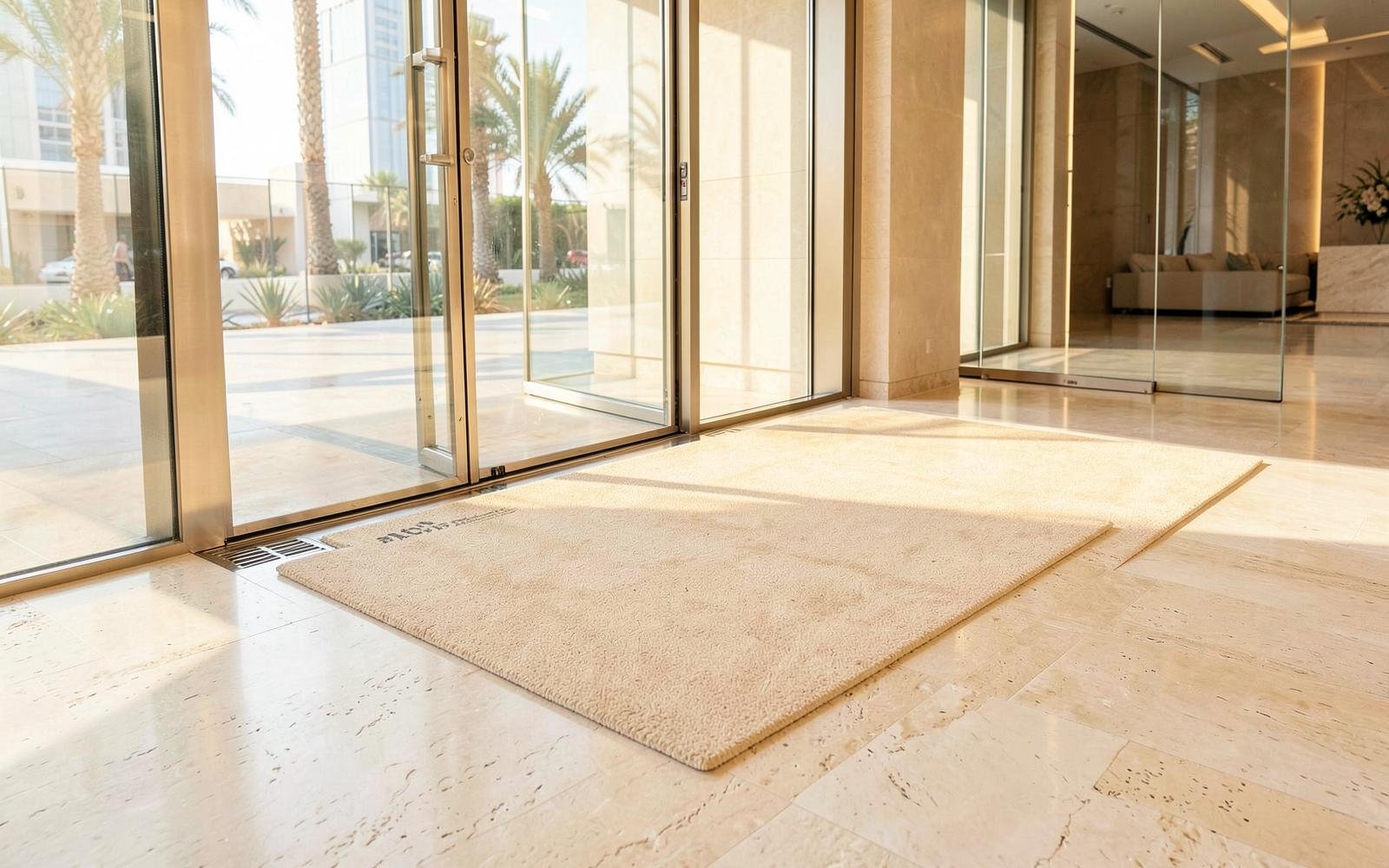 Custom entrance mat set into pale travertine flooring in a bright contemporary Dubai lobby at morning light