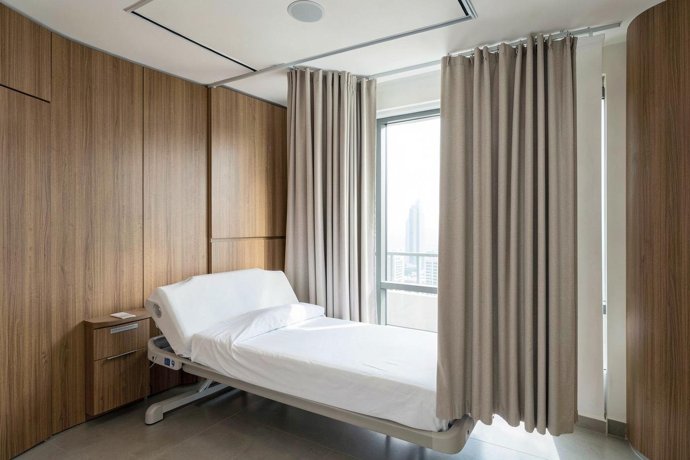 Neutral privacy curtains on a ceiling track in a modern private hospital patient room in Dubai
