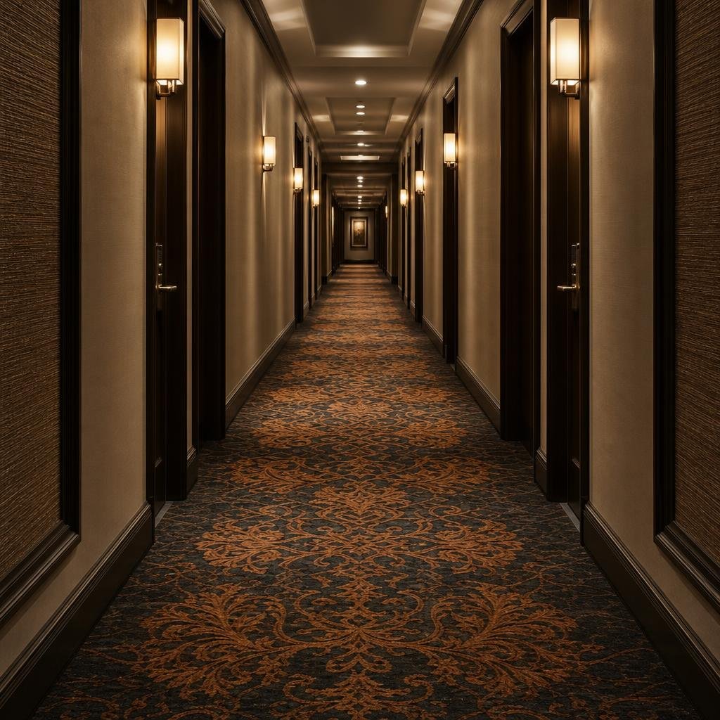 Woven Axminster patterned carpet in bronze and charcoal running down a luxury hotel corridor
