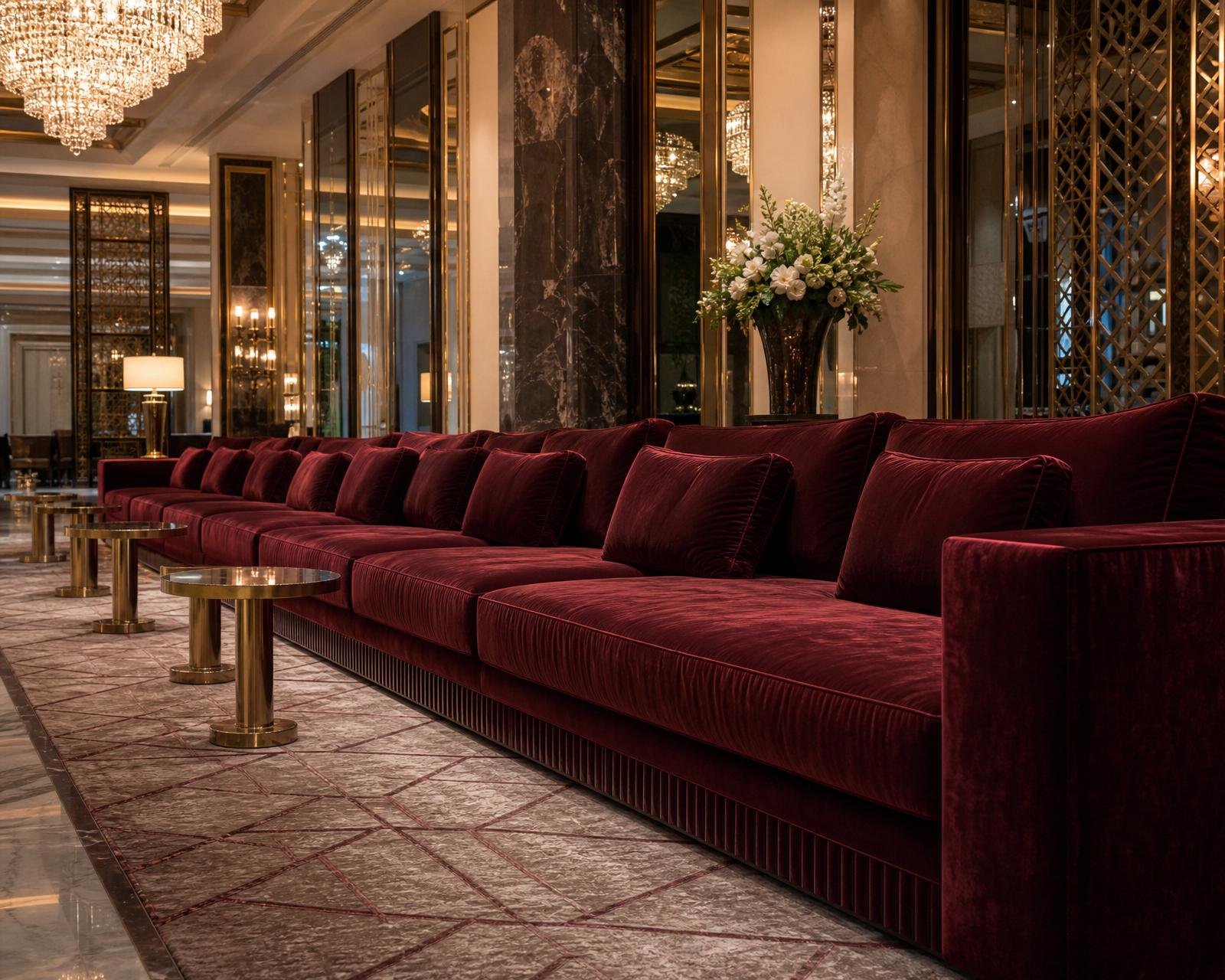 Long oxblood velvet contract sofa in a Dubai hotel lobby