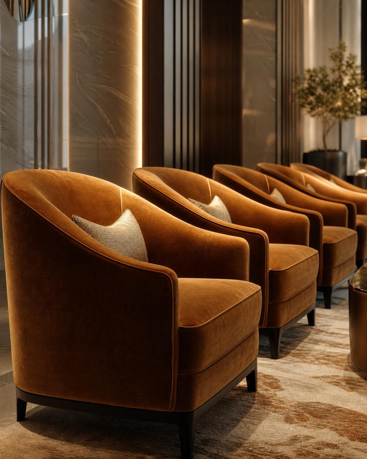 Row of bronze velvet contract lounge chairs in a luxury hospitality interior