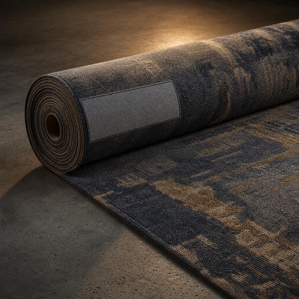 Partially unrolled contract-grade hotel carpet roll on polished concrete