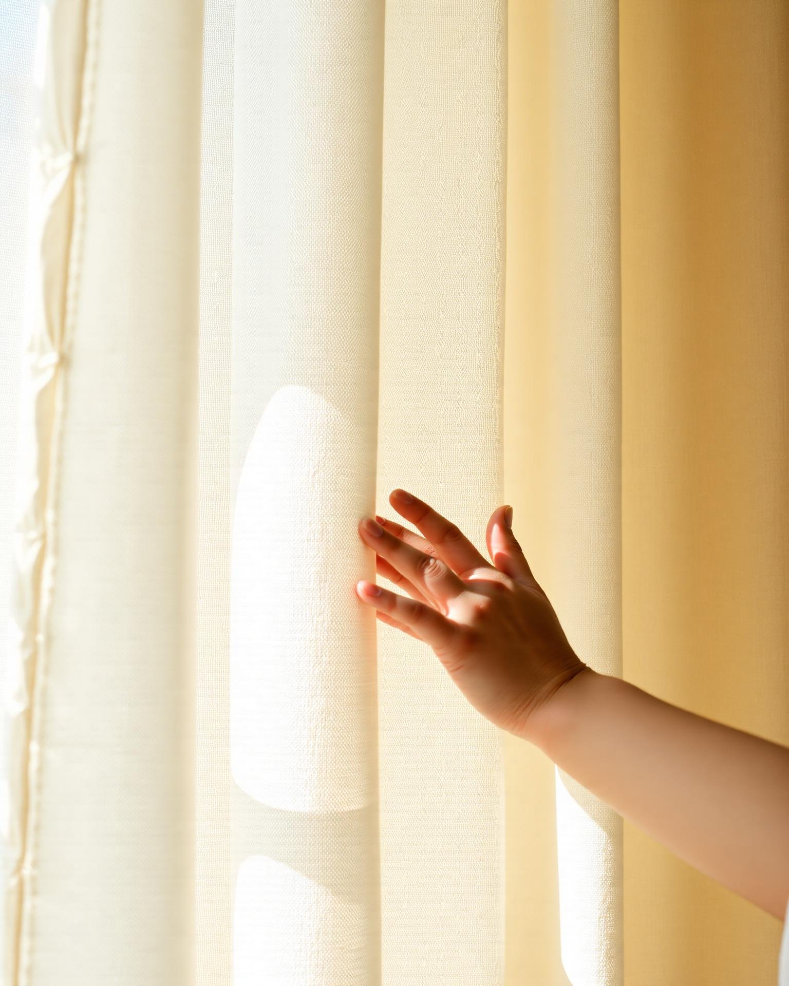 Macro of a soft, tactile, child-safe cream cotton-linen curtain in dappled window light, no visible cords