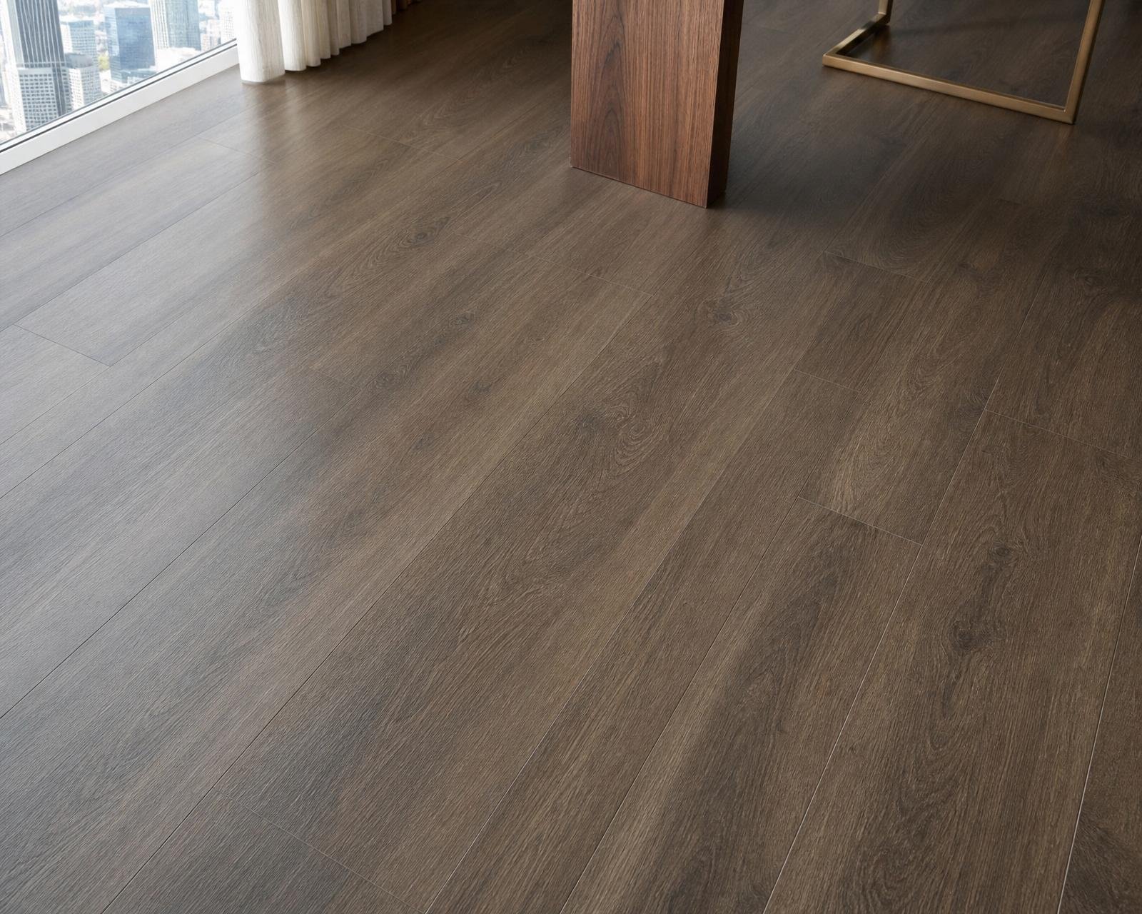 Premium smoked oak laminate flooring in a Dubai home office