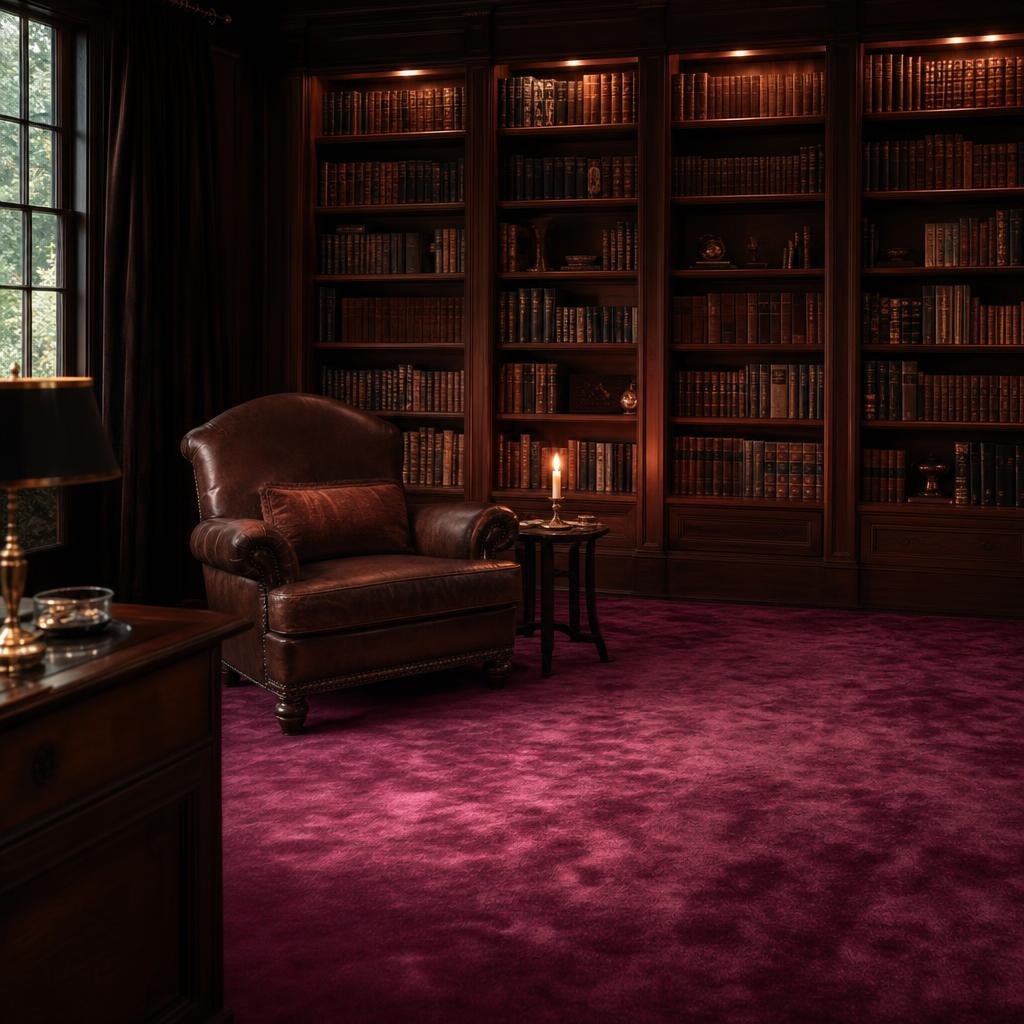 Pure mulberry silk carpet in a private library with leather armchair and walnut bookshelves