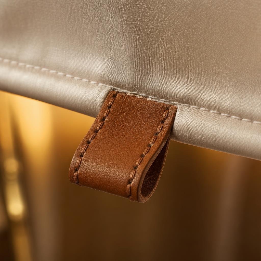 Macro of hand-stitched cognac leather pull tab attached to a champagne silk Roman blind hem