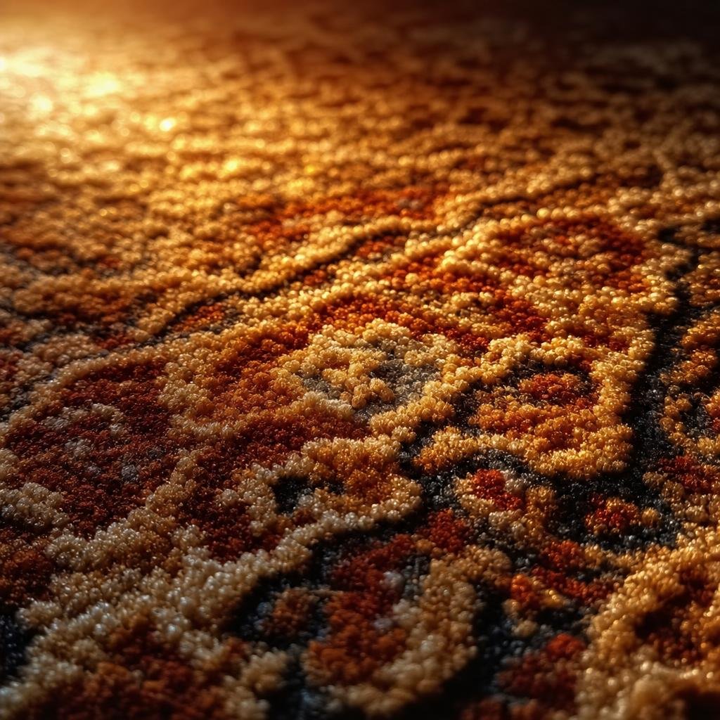 Macro of pure silk carpet pile catching warm evening lamplight, lustre shifting gold to bronze