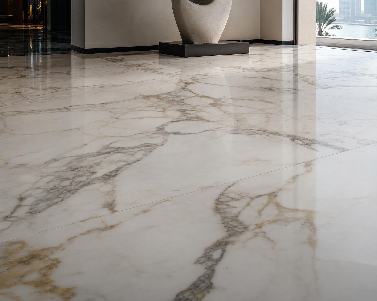 Oversize Calacatta marble flooring in a Dubai entry hall with sculptural plinth