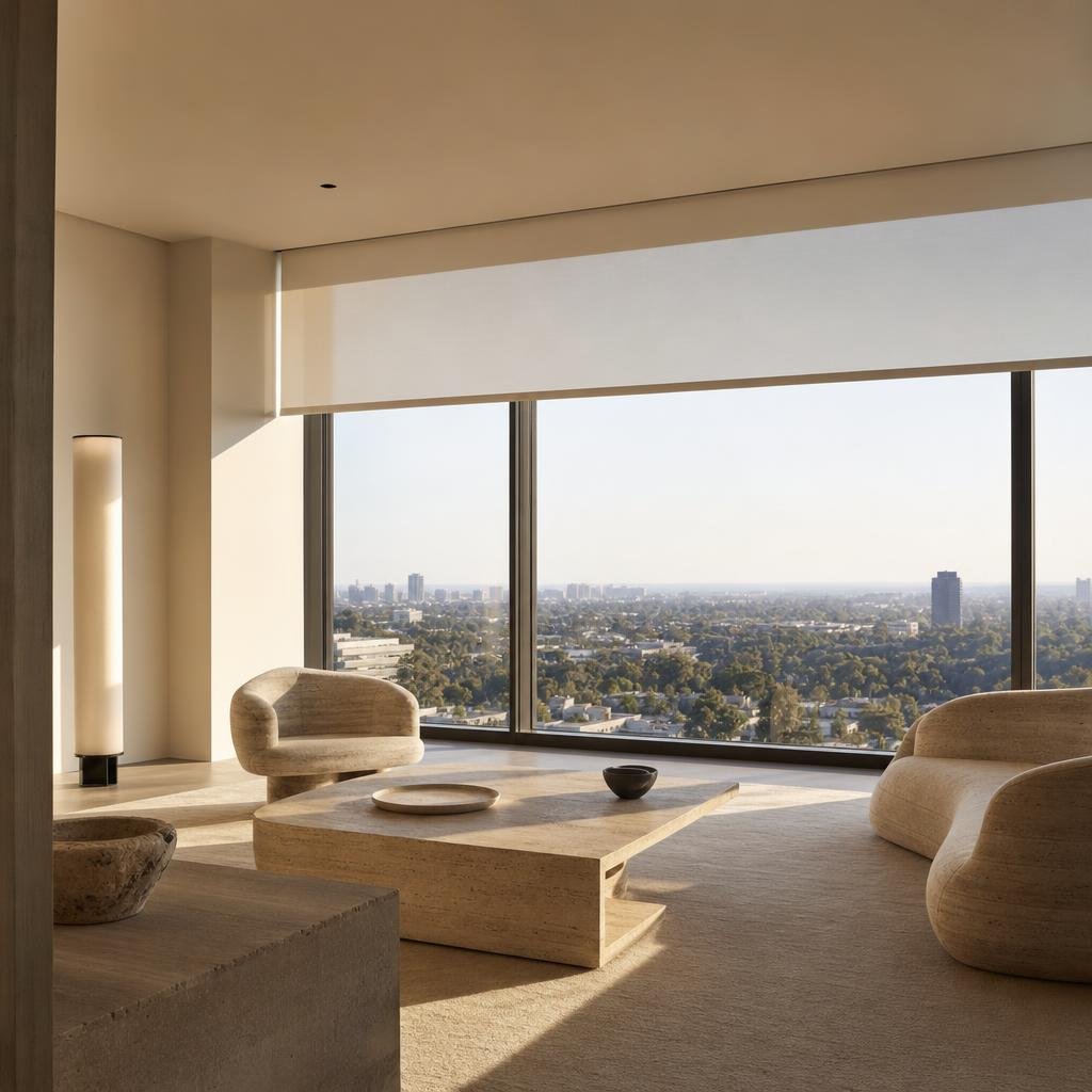 Ceiling-pocket recessed roller blind mid-descent emerging from a clean plaster ceiling slot in a minimalist penthouse