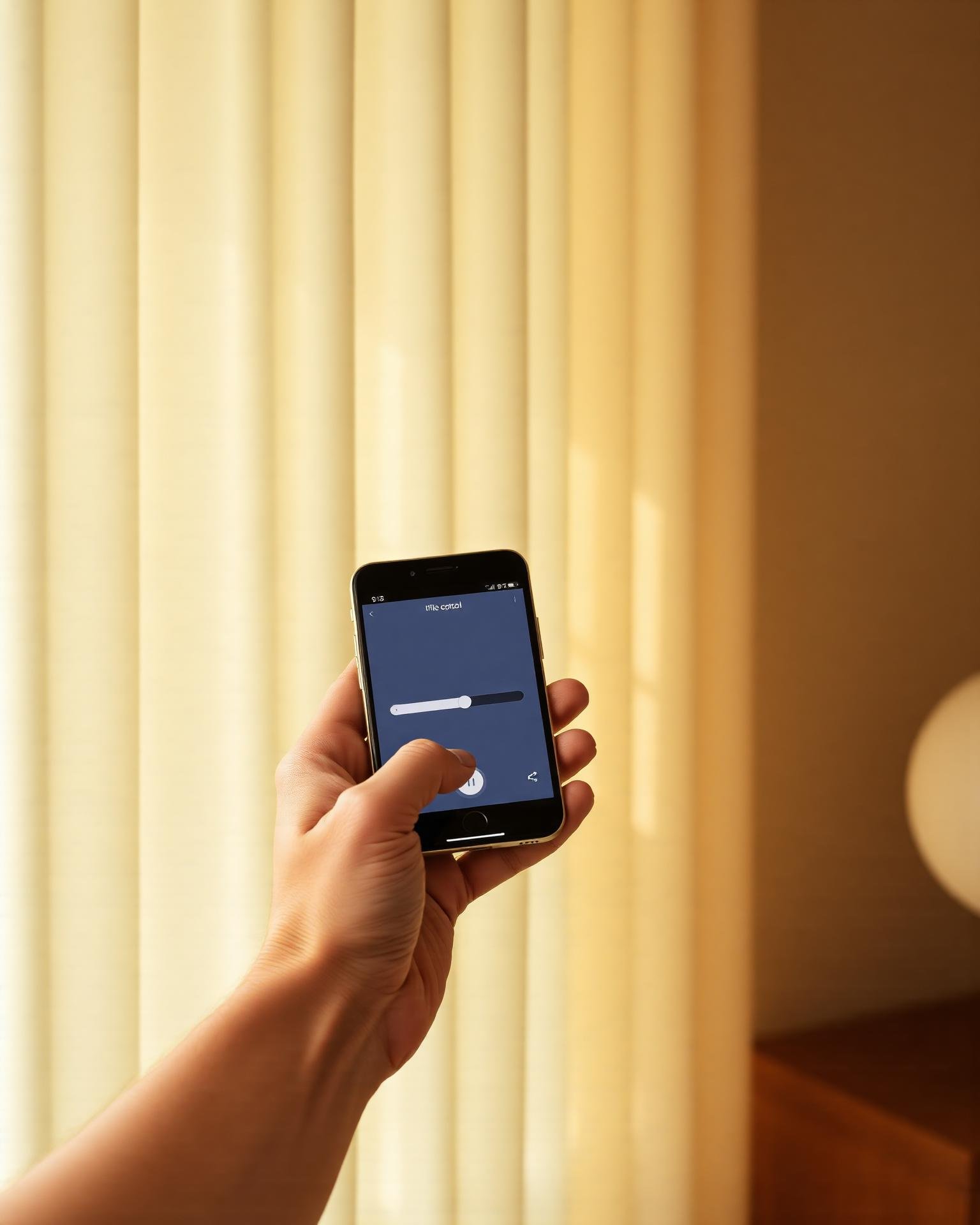 Hand holding a smartphone displaying an elegant home automation app controlling curtains in a warm interior