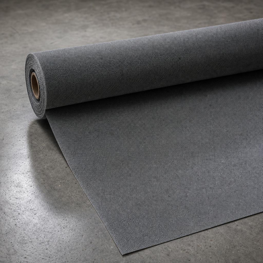 Partially unrolled contract-grade screen-mesh blind fabric roll on polished concrete