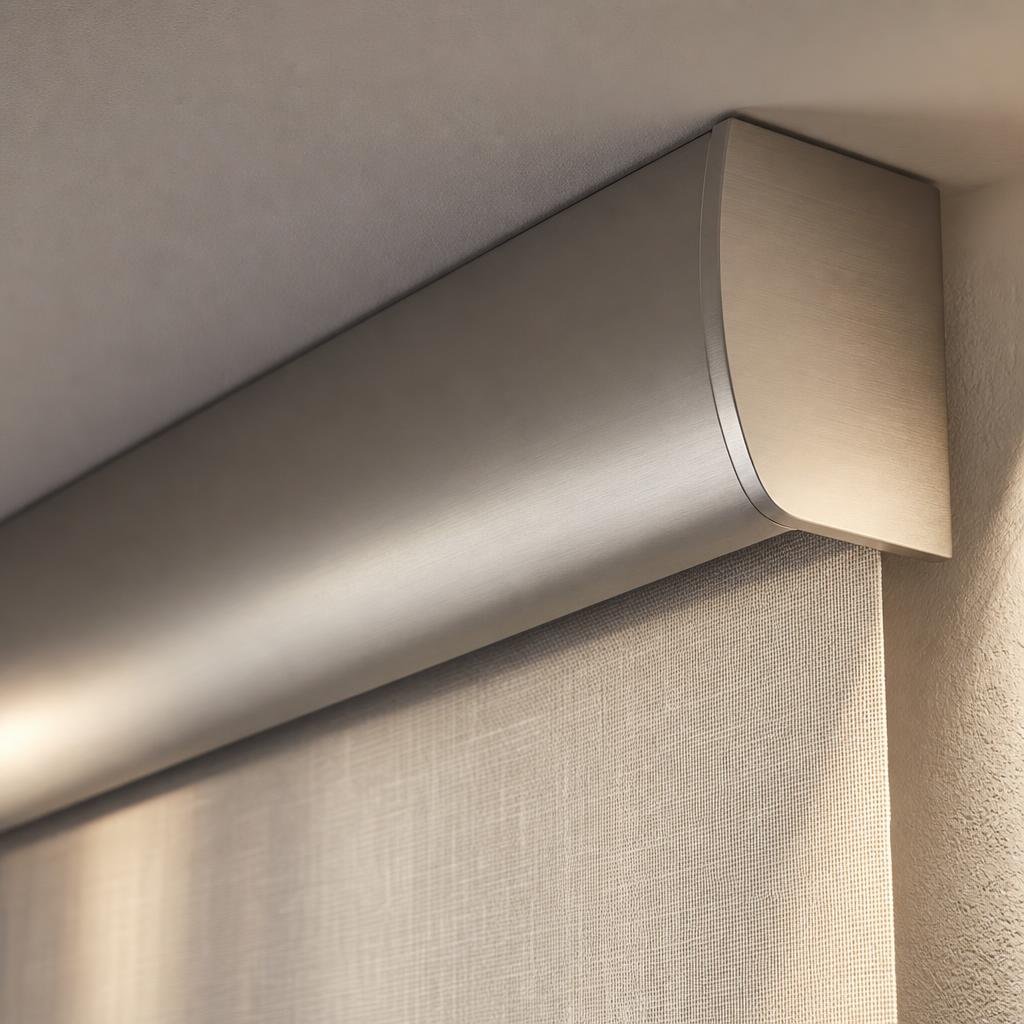 Slim brushed nickel aluminium roller blind cassette head mounted to a plaster ceiling