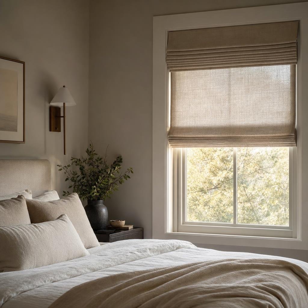 Half-raised soft-fold linen Roman blind in a serene oatmeal master bedroom
