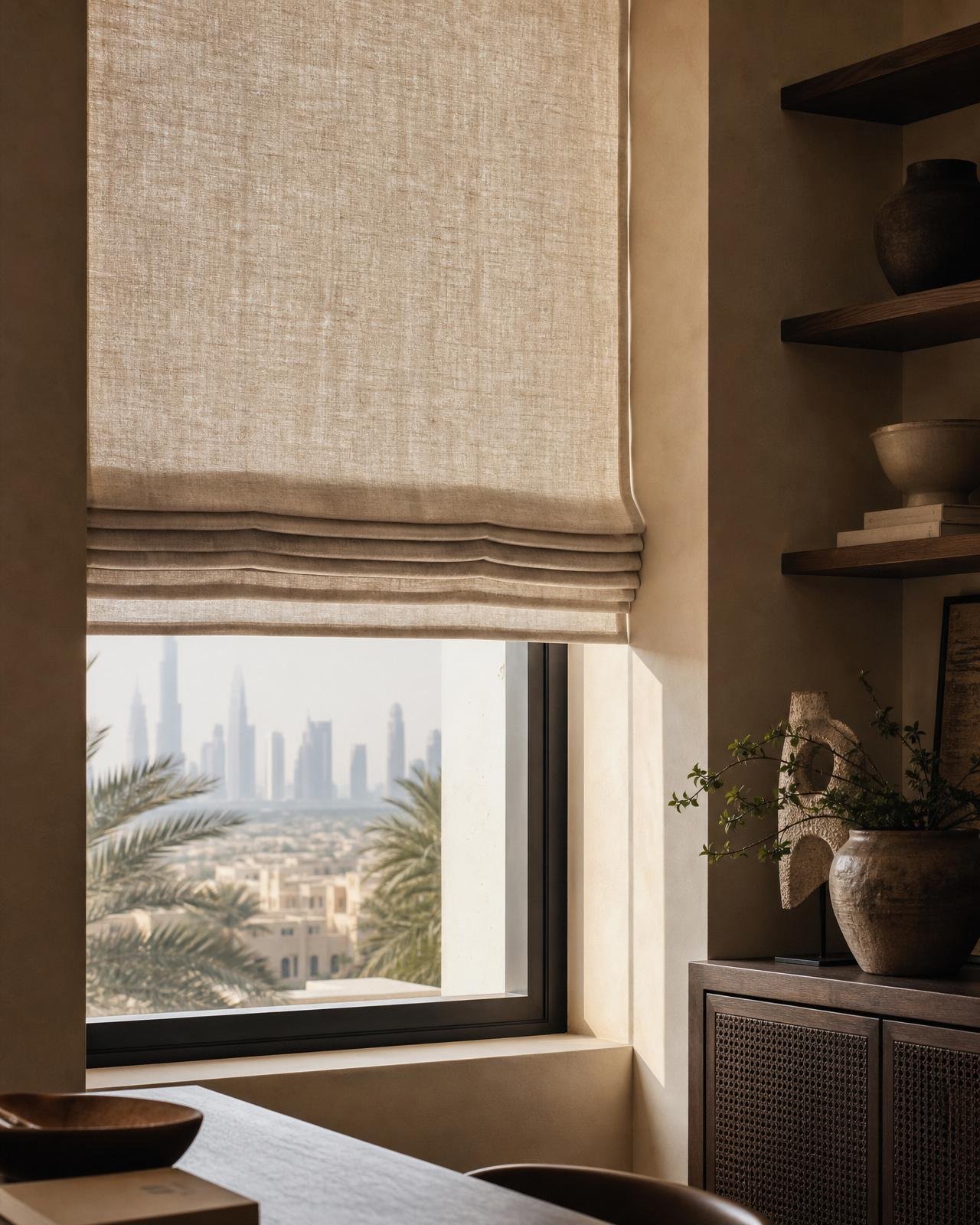 Oatmeal linen Roman shade raised halfway in a warm Dubai study