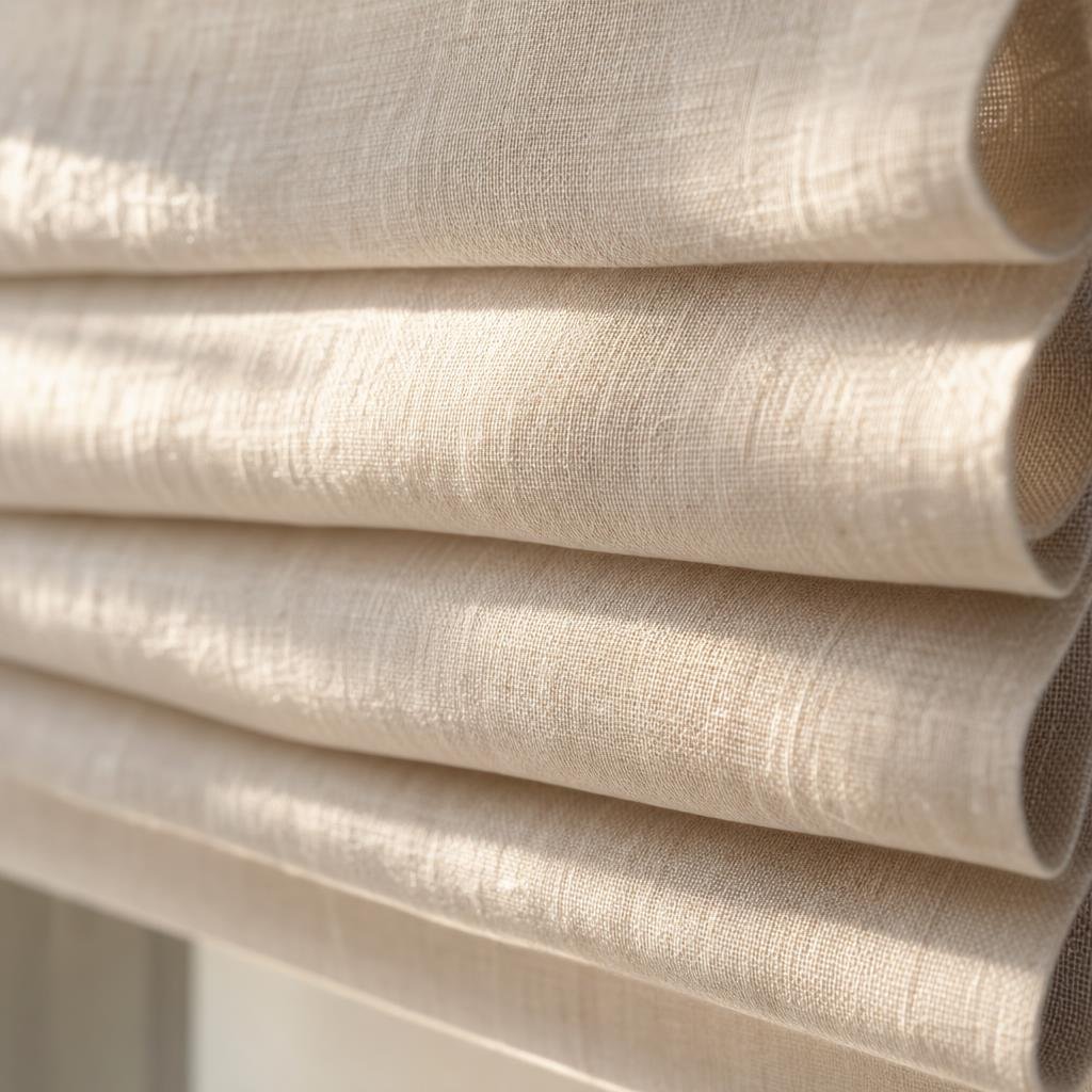Macro of stacked horizontal folds of a raised silk-linen Roman blind in cream tones
