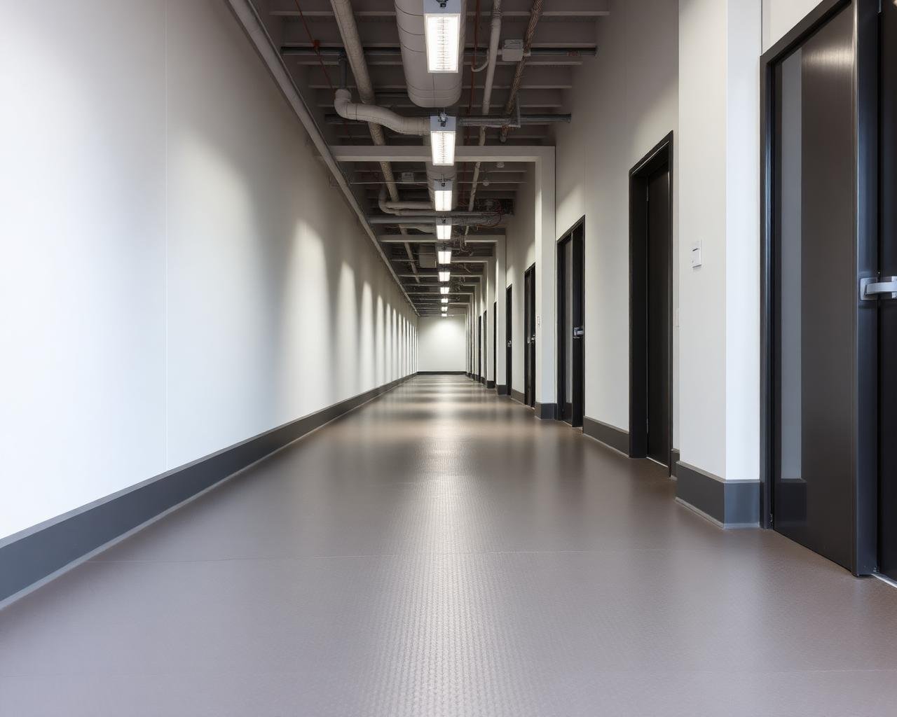 Seamless warm grey rubber flooring in a service corridor with coved skirting