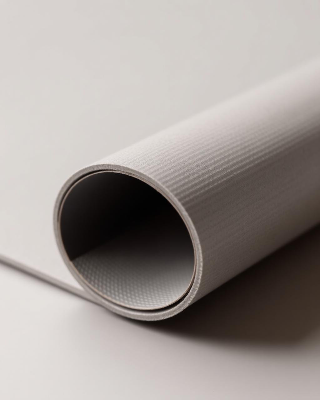 Macro of rolled grey rubber flooring sheet edge with fine studded texture