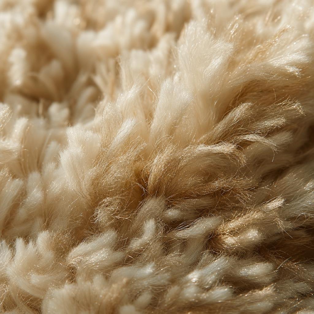Extreme macro of long-pile wool and viscose shaggy carpet fibres in ivory tones