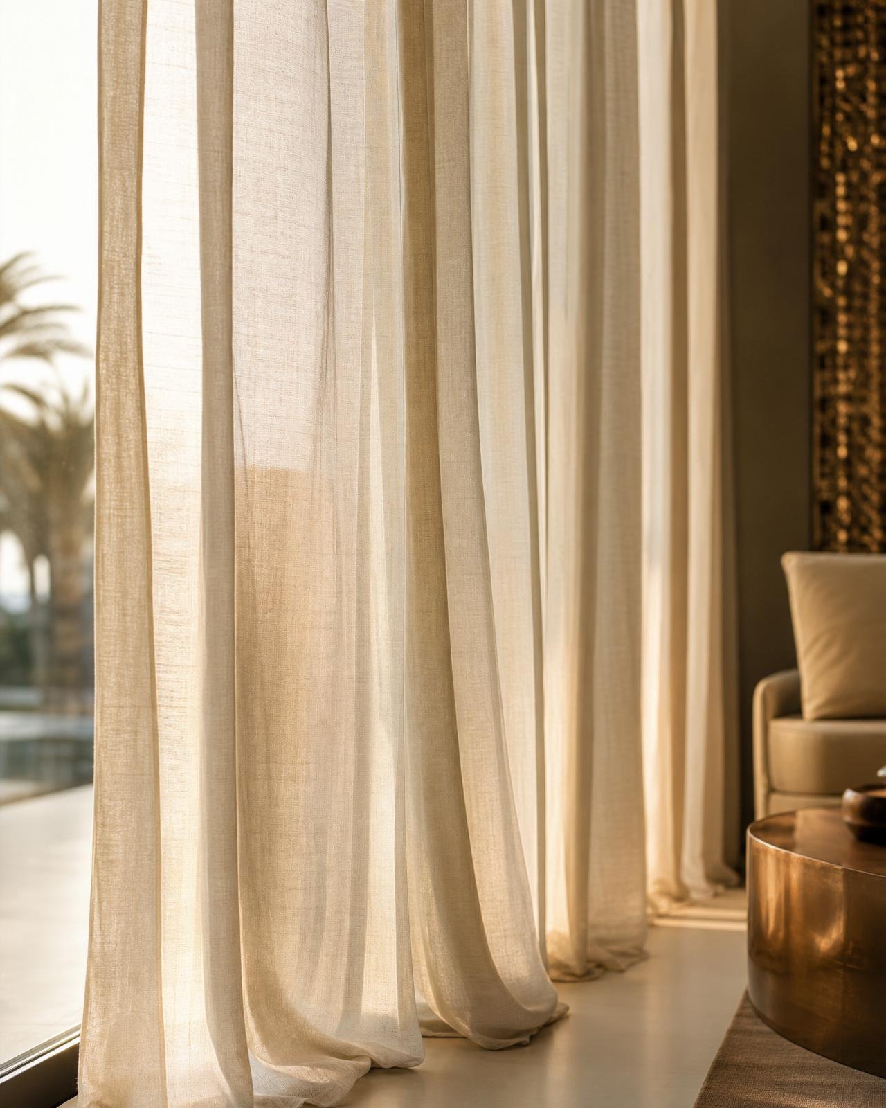 Sheer linen voile curtains diffusing morning light in a Dubai luxury living room