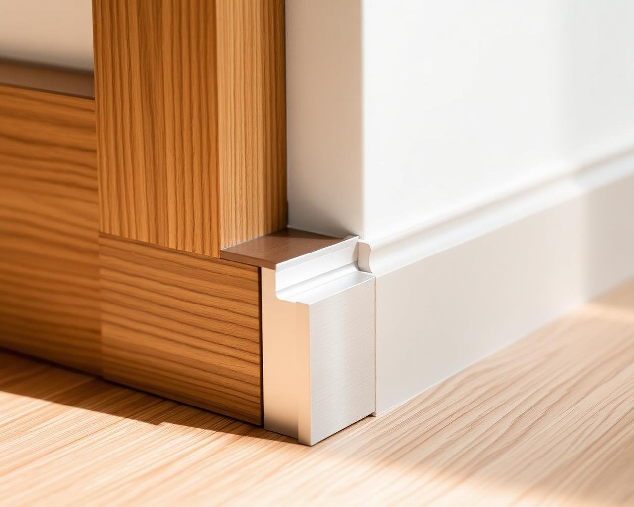 Brushed aluminium skirting profile beside a walnut wooden skirting board on oak flooring
