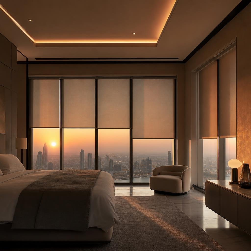 Lutron-integrated smart blinds moving in a coordinated dawn scene in a Dubai master suite