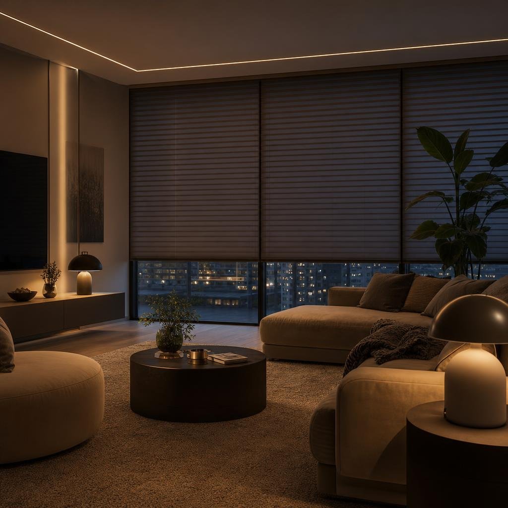 Scene-programmed evening living room with smart blinds three-quarter closed and warm pools of lamp light