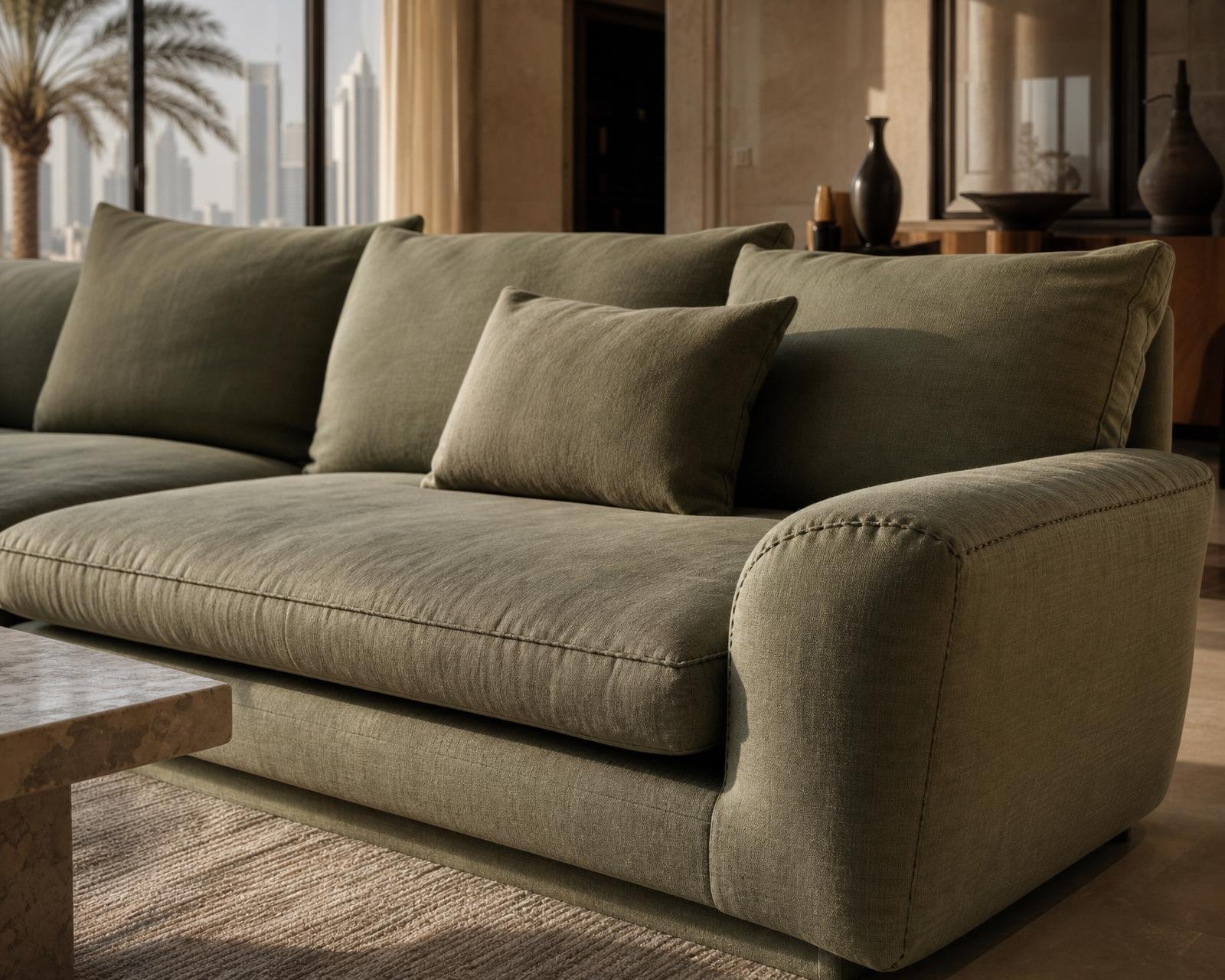 Low contemporary sofa reupholstered in soft sage linen in a Dubai sitting room