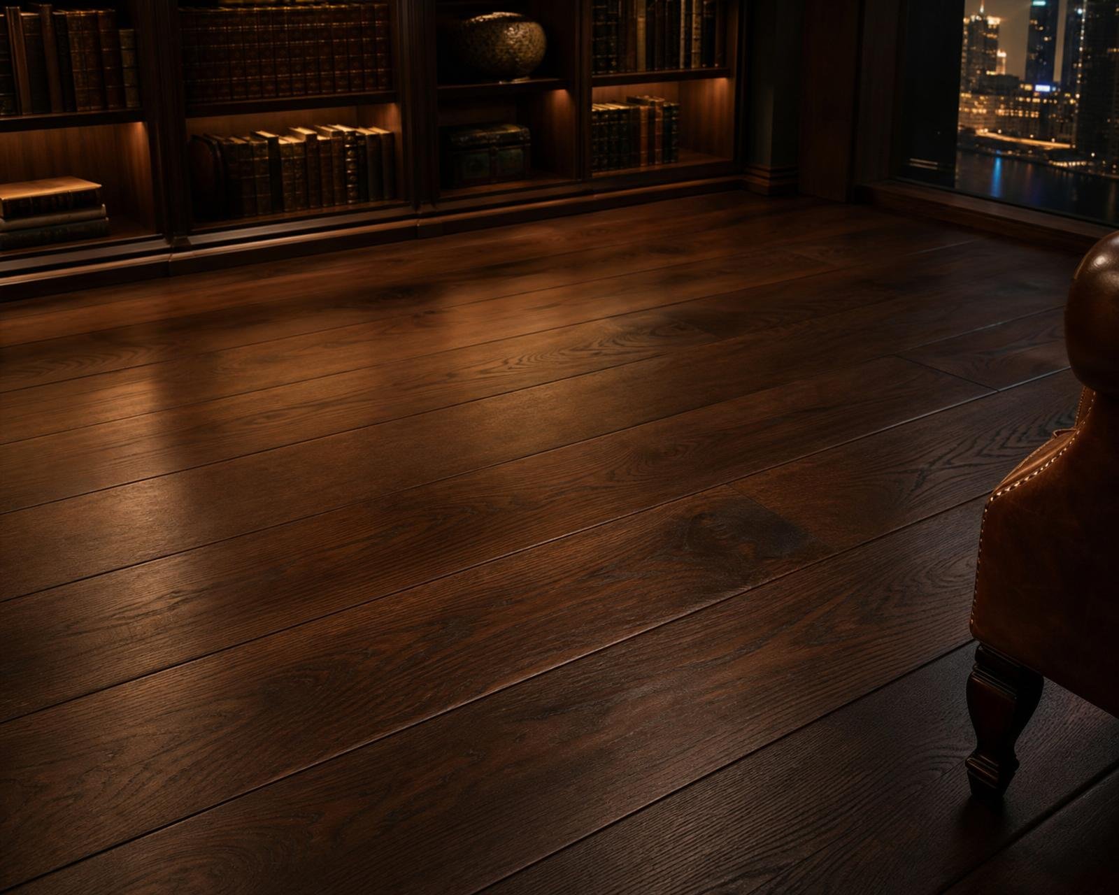 Solid walnut hardwood flooring in a Dubai library under warm reading light