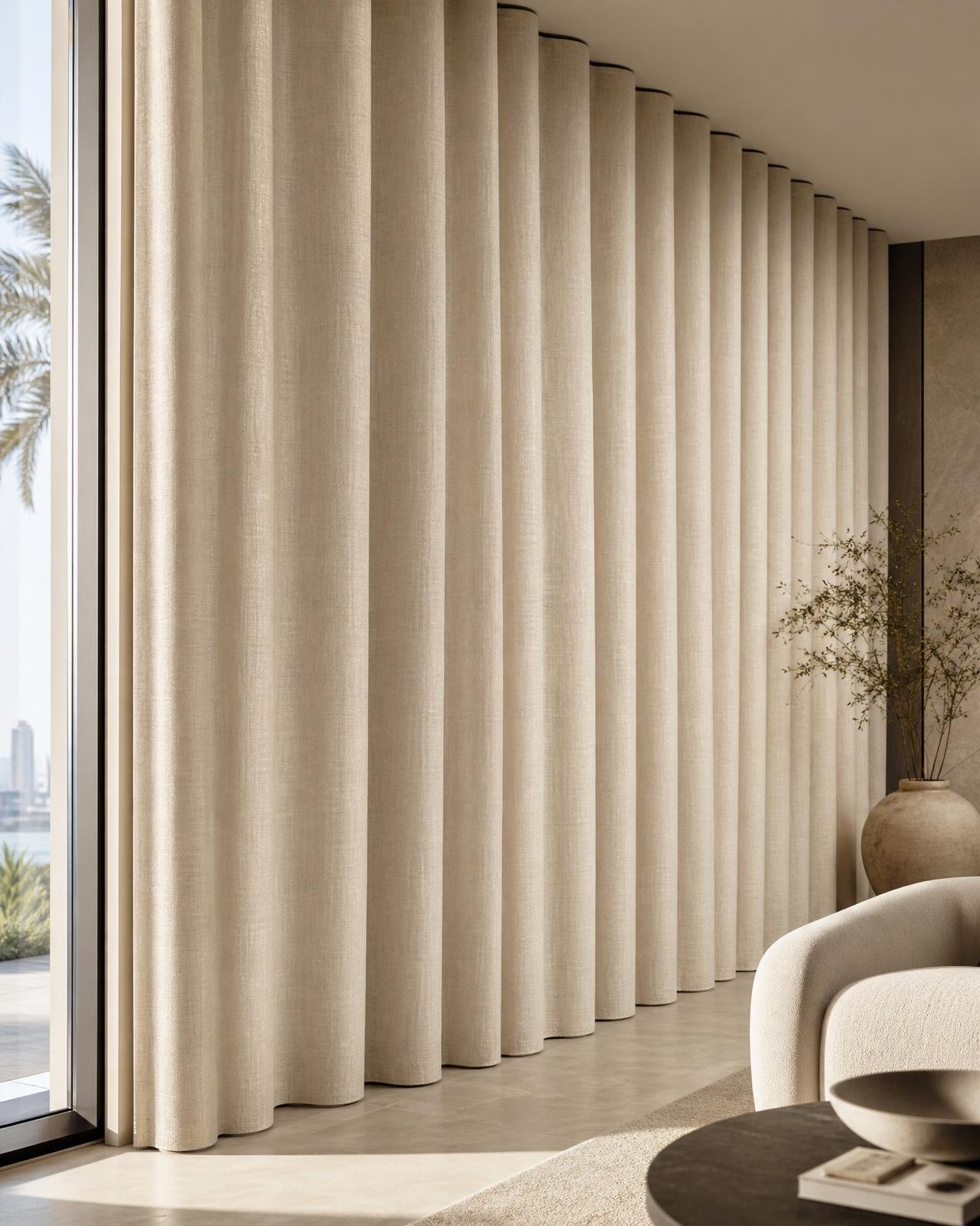 Pale stone linen wave curtains across a minimal Dubai gallery-style living room