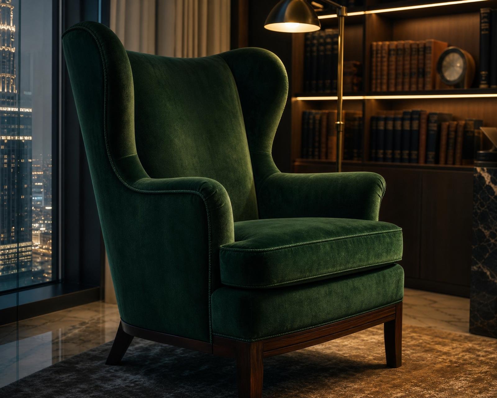 Emerald velvet wing chair reupholstered in a Dubai library corner