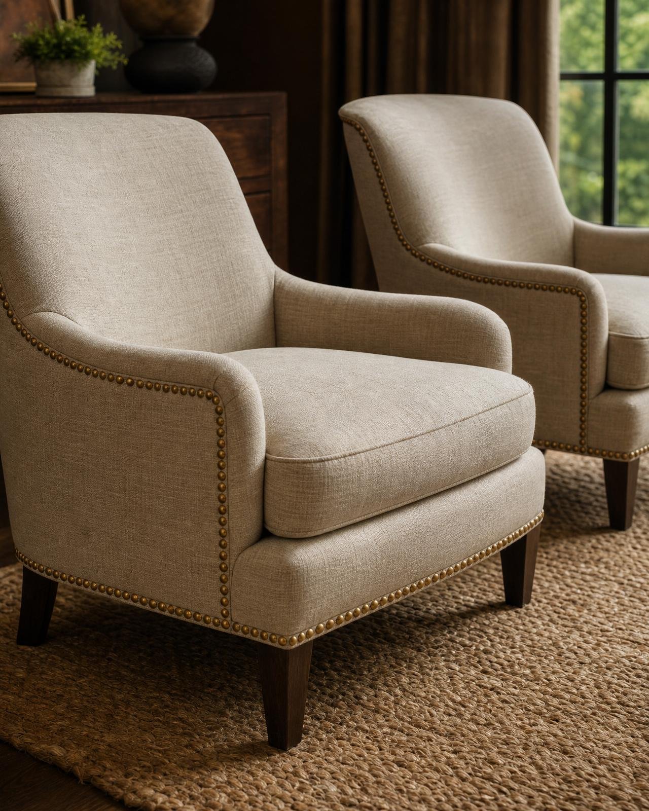 Pair of oatmeal linen accent chairs with brass nailhead trim in a warm interior