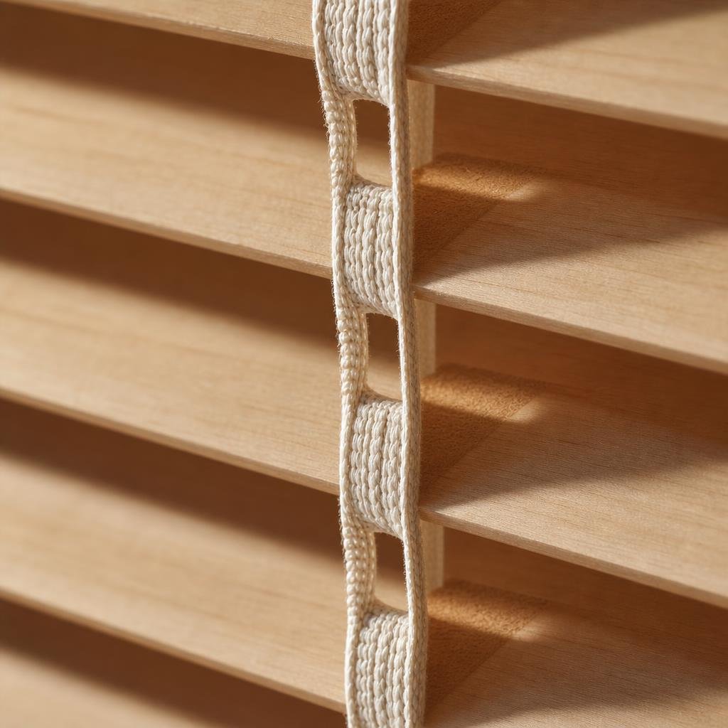 Macro of cotton ladder tape threaded through basswood wooden blind slats