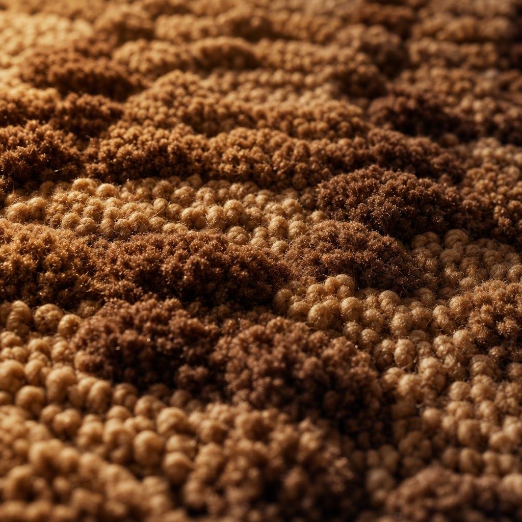 Macro side-lit detail of loop and cut pile wool carpet in caramel tones