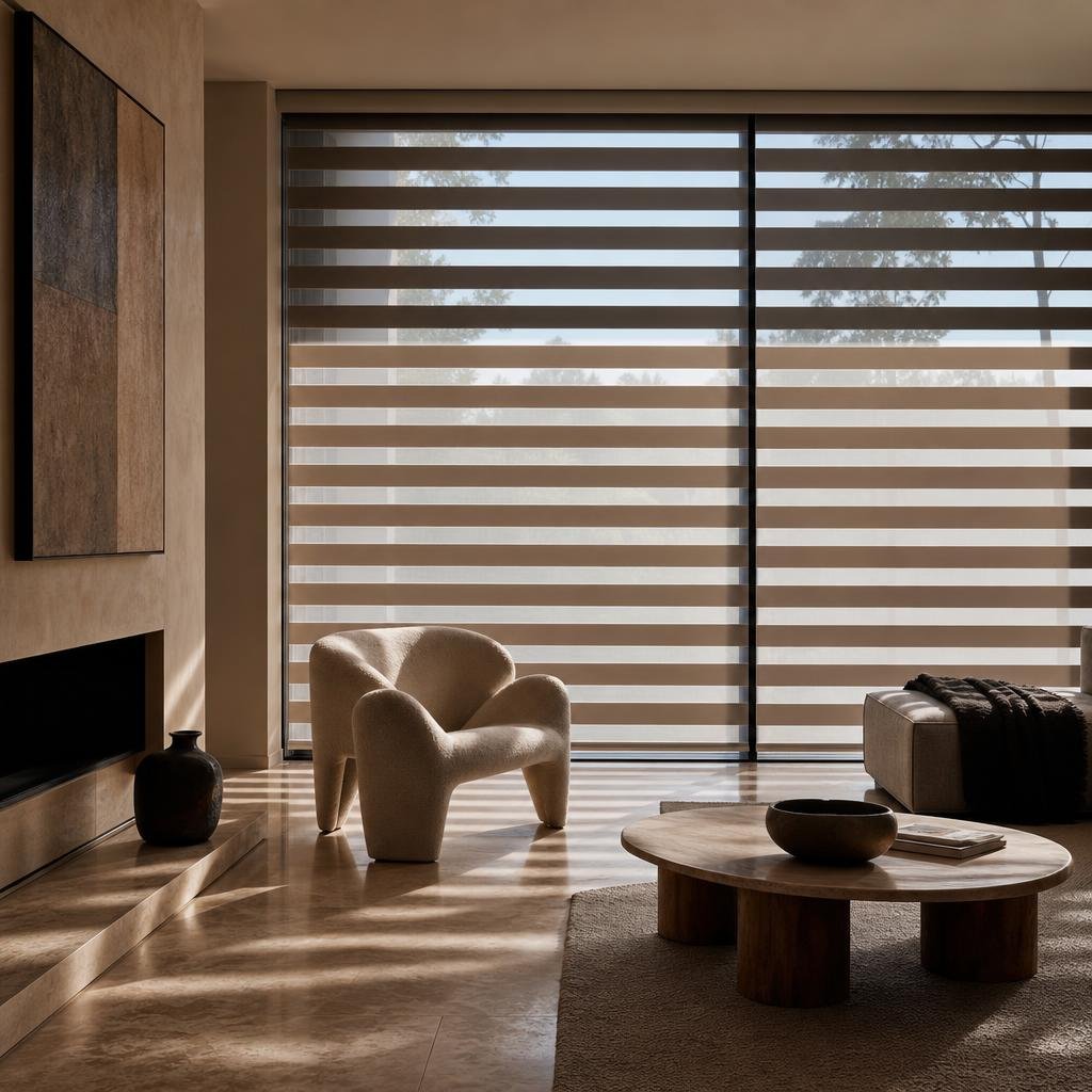 Day and night dual-layer zebra roller blind casting horizontal stripes of light across a travertine floor