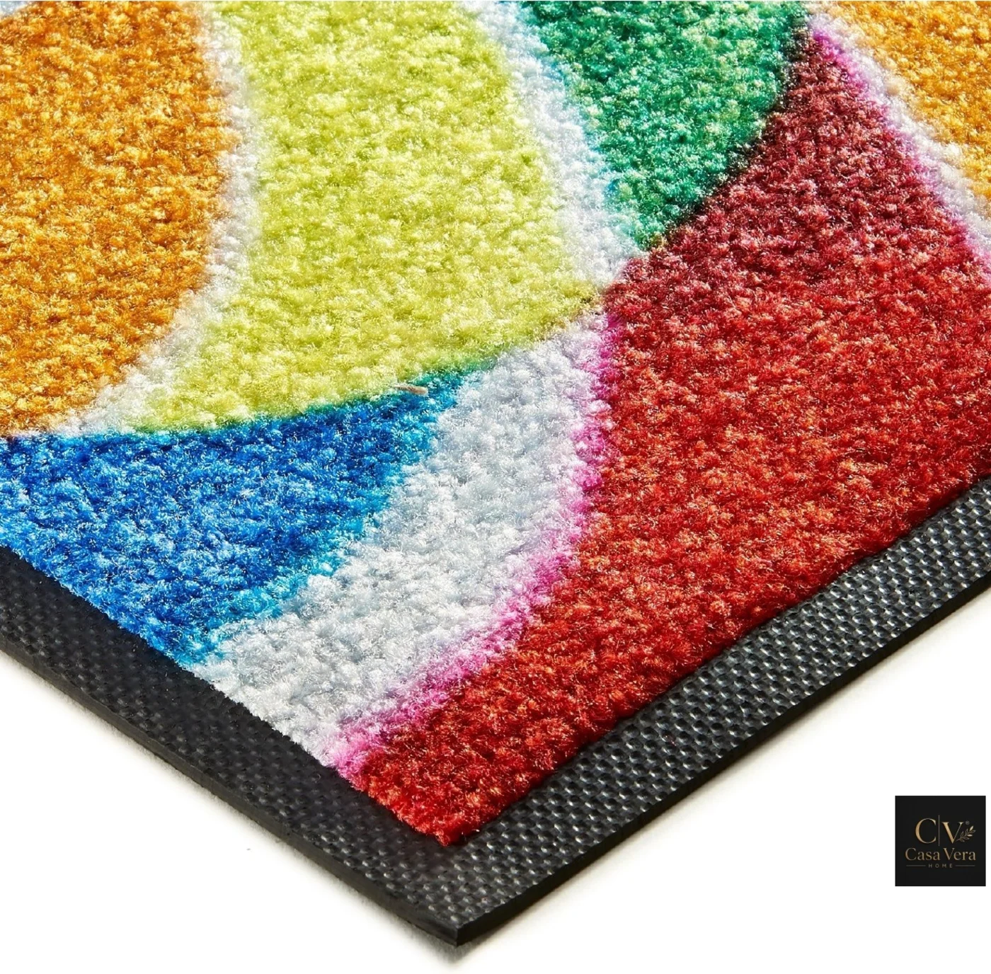 Corner detail of a brightly printed Jet Print Light Eco mat showing fibre and backing
